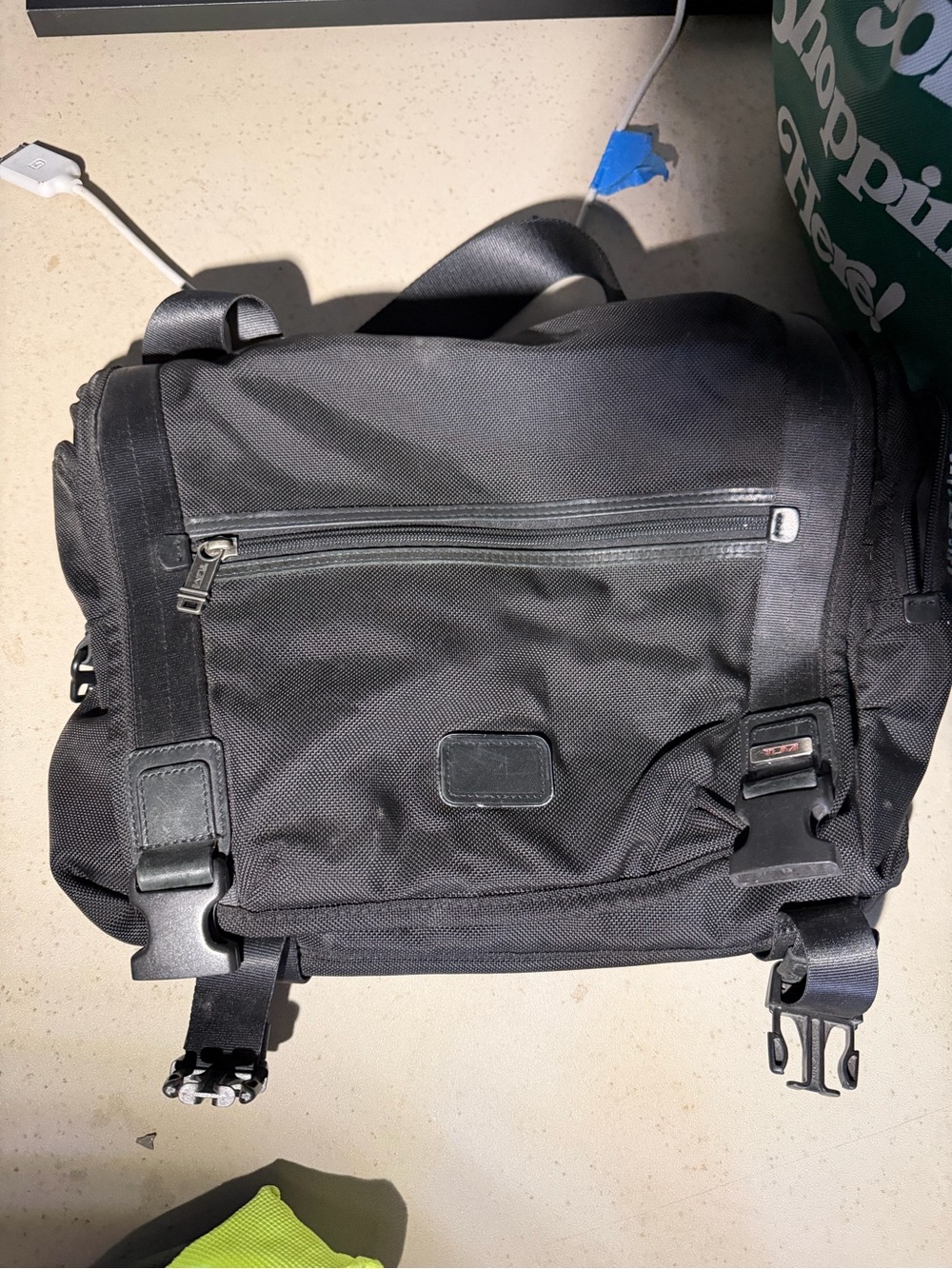 Tumi Black Nylon Messenger Bag with Buckle Details